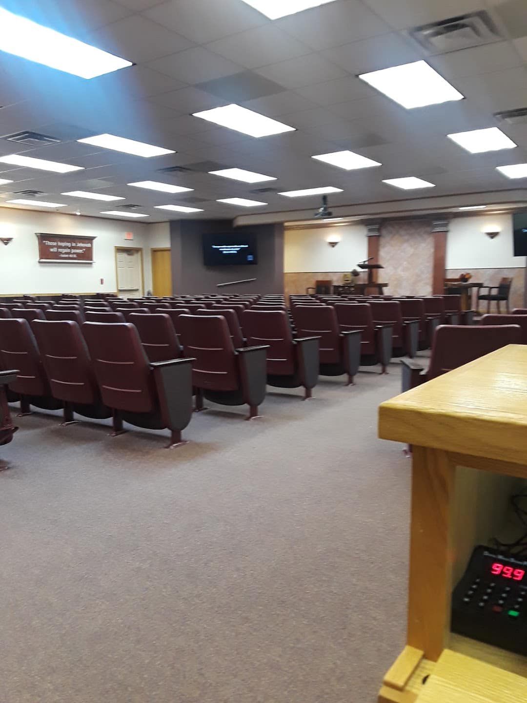 Inside the Kingdom Hall — seats and stage area
